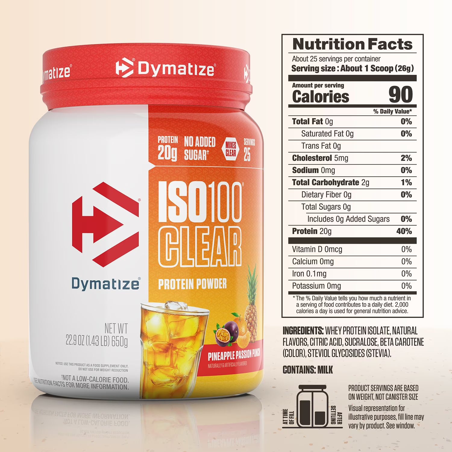 Dymatize ISO 100 Clear protein powder container with nutrition facts label on a beige background