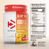 Dymatize ISO 100 Clear protein powder container with nutrition facts label on a beige background
